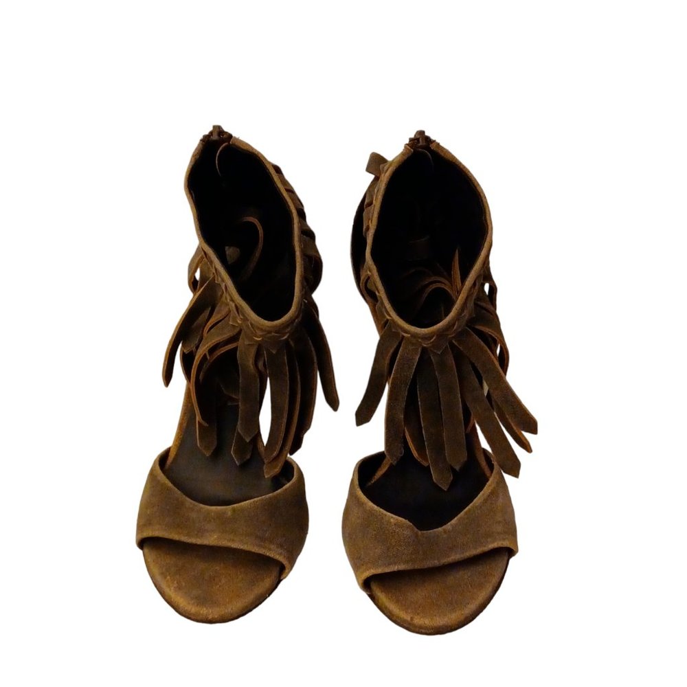 Bottega Veneta Gray Tan Distressed Suede Woven Fringe Open Toe High Heels 36
